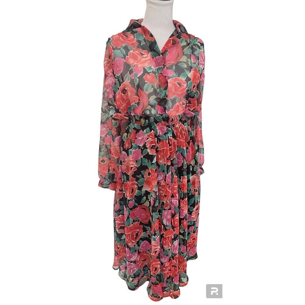 Vintage 80s Sheer Black Red Pink Rose Floral Skirt Blouse Set Midi Made In USA